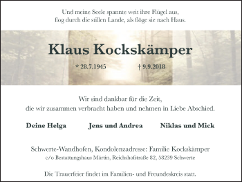 Traueranzeige von Klaus Kockskämper von Ruhr Nachrichten
