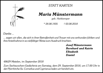 Traueranzeige von Maria Münstermann von Münstersche Zeitung und Münsterland Zeitung
