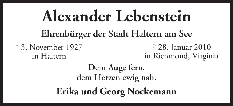  Traueranzeige für Alexander Lebenstein vom 28.01.2019 aus Ruhr Nachrichten und Halterner Zeitung