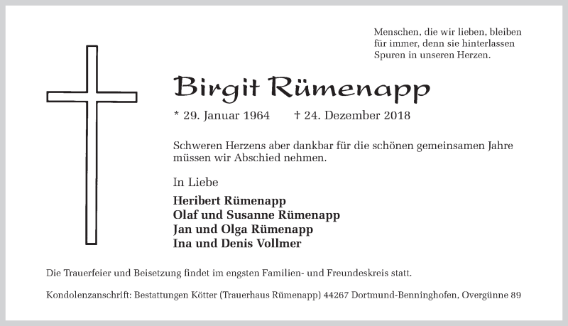  Traueranzeige für Birgit Rümenapp vom 05.01.2019 aus Ruhr Nachrichten