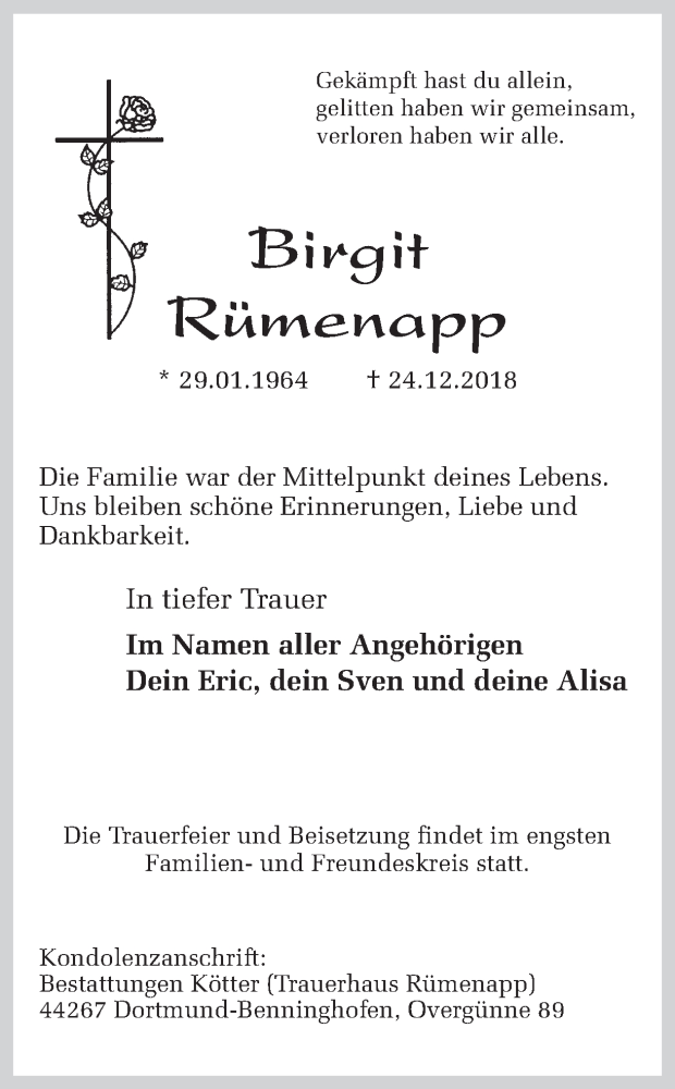  Traueranzeige für Birgit Rümenapp vom 05.01.2019 aus Ruhr Nachrichten