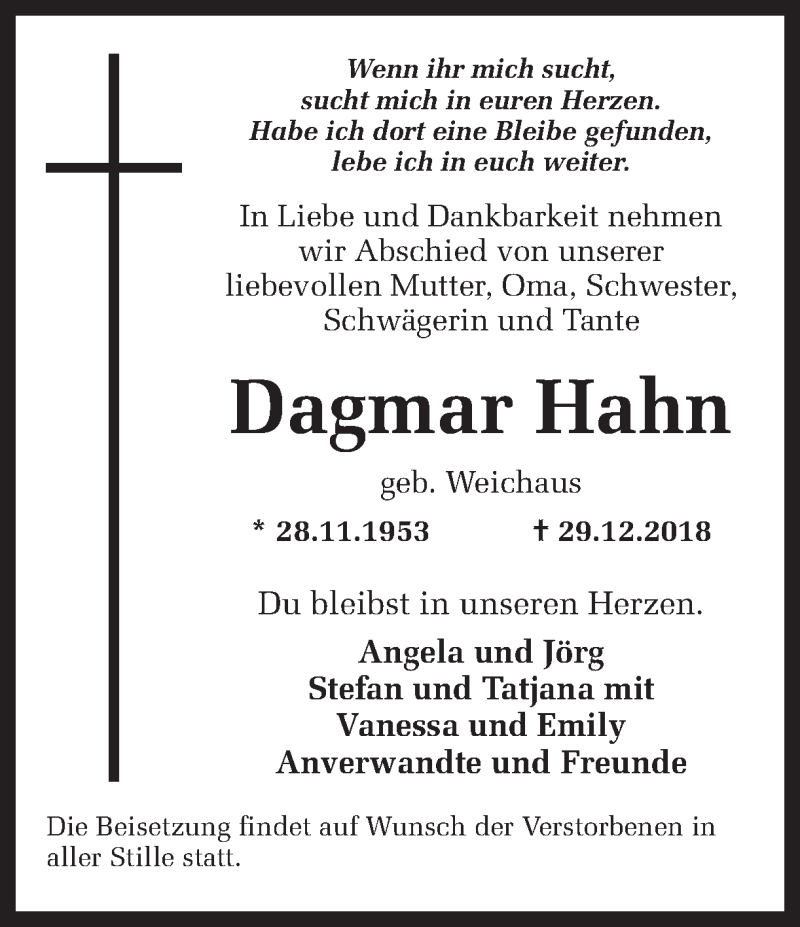  Traueranzeige für Dagmar Hahn vom 05.01.2019 aus Ruhr Nachrichten