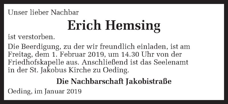  Traueranzeige für Erich Hemsing vom 30.01.2019 aus Münstersche Zeitung und Münsterland Zeitung