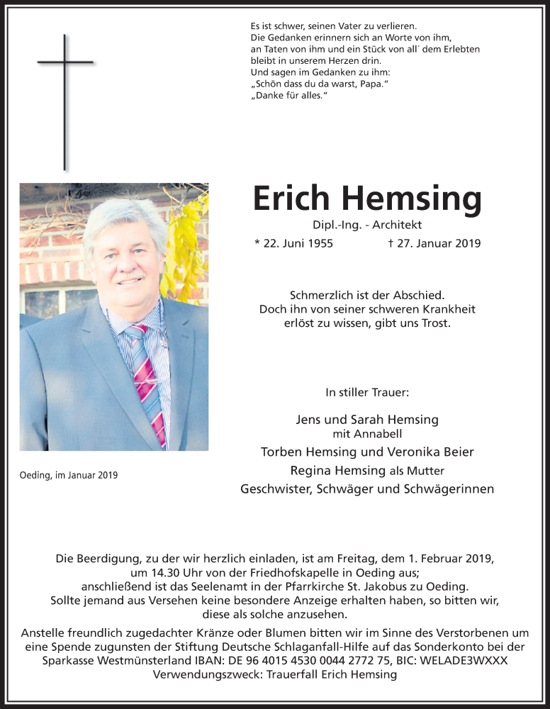  Traueranzeige für Erich Hemsing vom 29.01.2019 aus Münstersche Zeitung und Münsterland Zeitung
