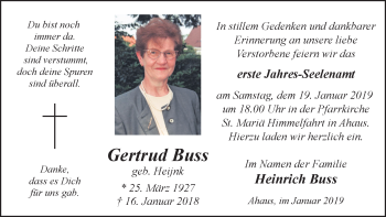 Traueranzeige von Gertrud Buss von Münstersche Zeitung und Münsterland Zeitung