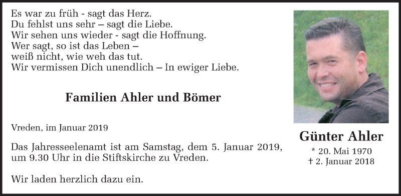  Traueranzeige für Günter Ahler vom 02.01.2019 aus Münstersche Zeitung und Münsterland Zeitung