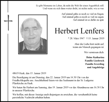 Traueranzeige von Herbert Lenfers von Münstersche Zeitung und Münsterland Zeitung