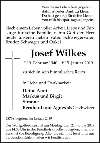 Traueranzeige von Josef Wilkes von Münstersche Zeitung und Münsterland Zeitung