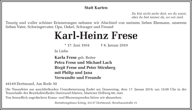  Traueranzeige für Karl-Heinz Frese vom 12.01.2019 aus Ruhr Nachrichten