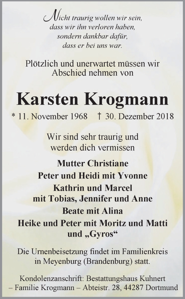  Traueranzeige für Karsten Krogmann vom 05.01.2019 aus Ruhr Nachrichten