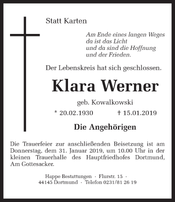 Traueranzeige von Klara Werner von Ruhr Nachrichten