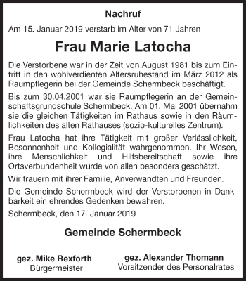 Traueranzeige von Marie Latocha von Ruhr Nachrichten und Dorstener Zeitung