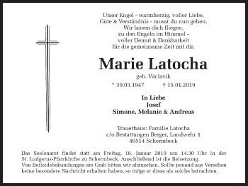 Traueranzeige von Marie Latocha von Ruhr Nachrichten und Dorstener Zeitung