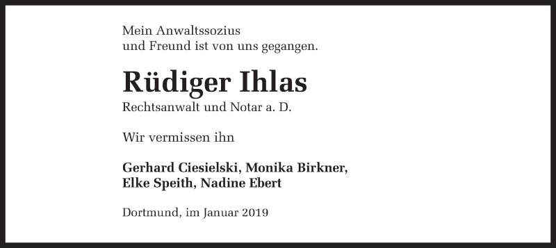  Traueranzeige für Rüdiger Ihlas vom 19.01.2019 aus Ruhr Nachrichten