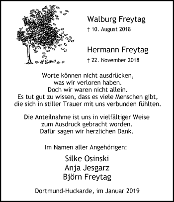 Traueranzeige von Walburg und Hermann Freytag von Ruhr Nachrichten