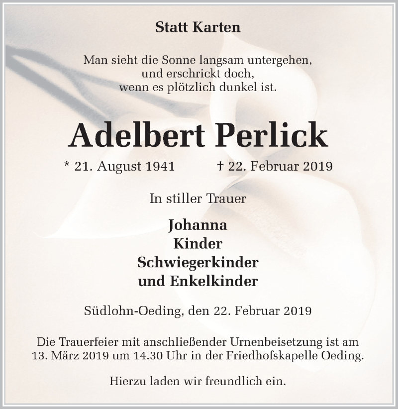  Traueranzeige für Adelbert Perlick vom 27.02.2019 aus Münstersche Zeitung und Münsterland Zeitung