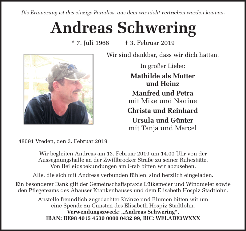  Traueranzeige für Andreas Schwering vom 09.02.2019 aus Münstersche Zeitung und Münsterland Zeitung