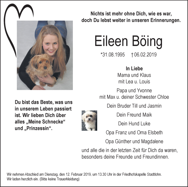  Traueranzeige für Eileen Böing vom 09.02.2019 aus Münstersche Zeitung und Münsterland Zeitung