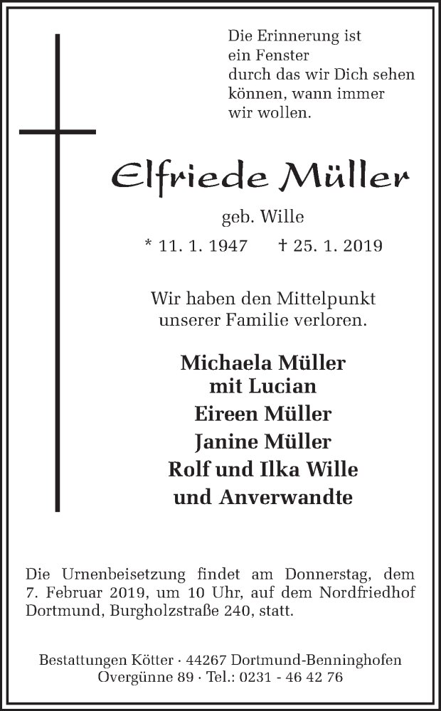  Traueranzeige für Elfriede Müller vom 02.02.2019 aus Ruhr Nachrichten