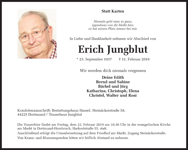  Traueranzeige für Erich Jungblut vom 16.02.2019 aus Ruhr Nachrichten