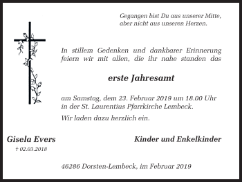 Traueranzeige von Gisela Evers von Ruhr Nachrichten und Dorstener Zeitung