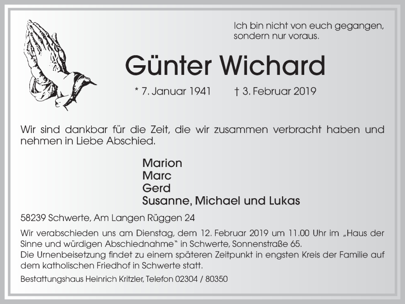  Traueranzeige für Günter Wichard vom 06.02.2019 aus Ruhr Nachrichten