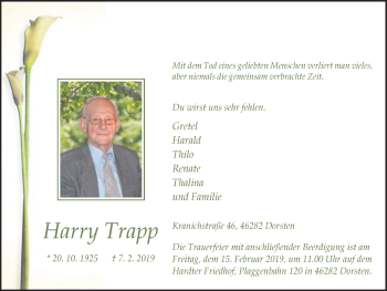 Traueranzeige von Harry Trapp von Ruhr Nachrichten und Dorstener Zeitung