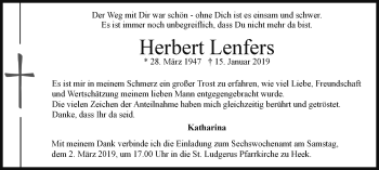 Traueranzeige von Herbert Lenfers von Münstersche Zeitung und Münsterland Zeitung