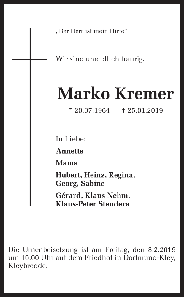  Traueranzeige für Marko Kremer vom 02.02.2019 aus Ruhr Nachrichten