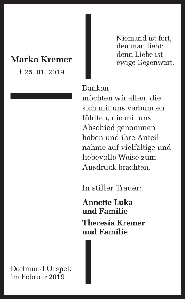  Traueranzeige für Marko Kremer vom 16.02.2019 aus Ruhr Nachrichten