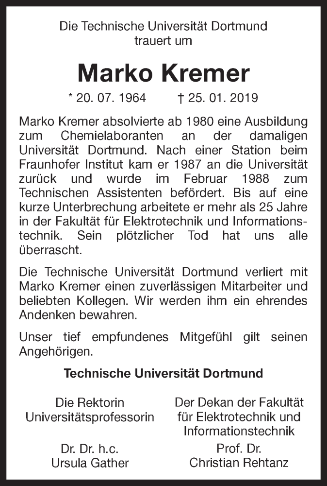  Traueranzeige für Marko Kremer vom 08.02.2019 aus Ruhr Nachrichten