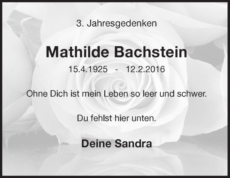  Traueranzeige für Mathilde Bachstein vom 12.02.2019 aus Ruhr Nachrichten