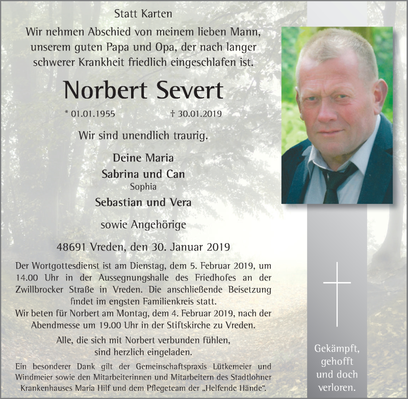  Traueranzeige für Norbert Severt vom 02.02.2019 aus Münstersche Zeitung und Münsterland Zeitung