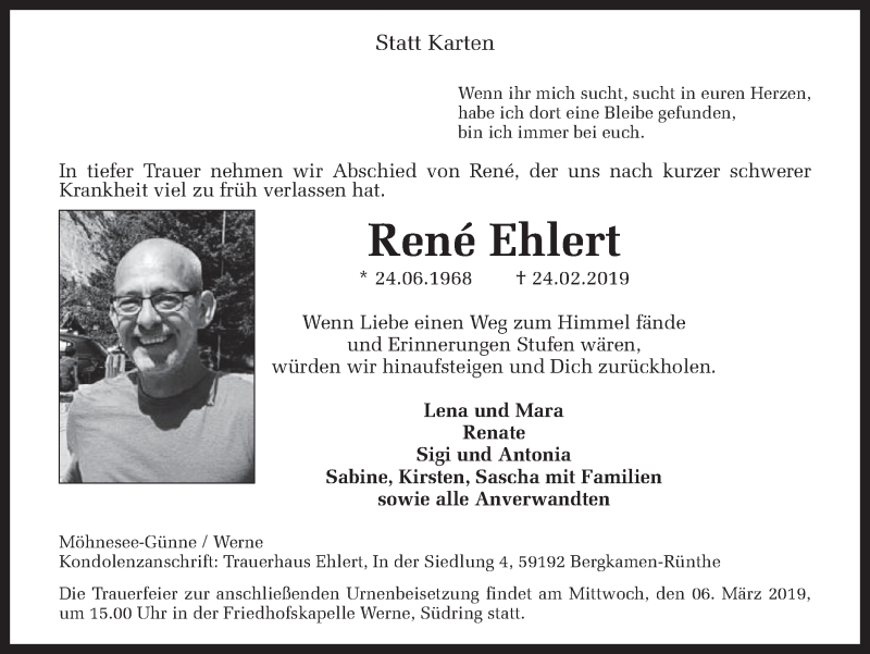  Traueranzeige für Rene Ehlert vom 27.02.2019 aus Ruhr Nachrichten