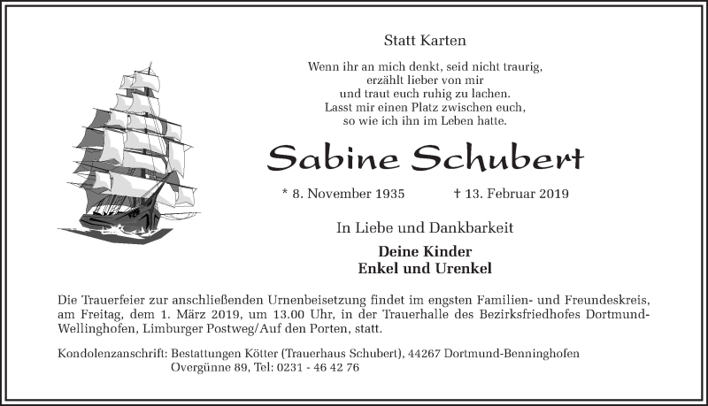  Traueranzeige für Sabine Schubert vom 22.02.2019 aus Ruhr Nachrichten