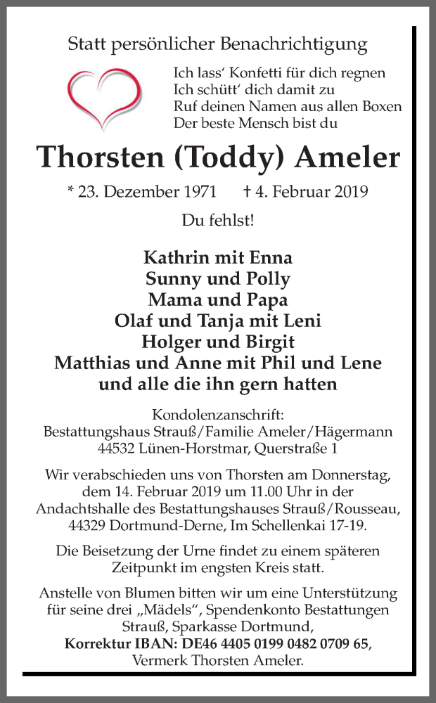  Traueranzeige für Thorsten Ameler vom 11.02.2019 aus Ruhr Nachrichten