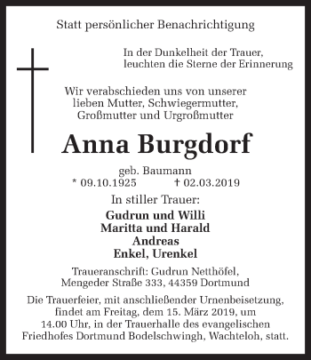 Traueranzeige von Anna Burgdorf von Ruhr Nachrichten