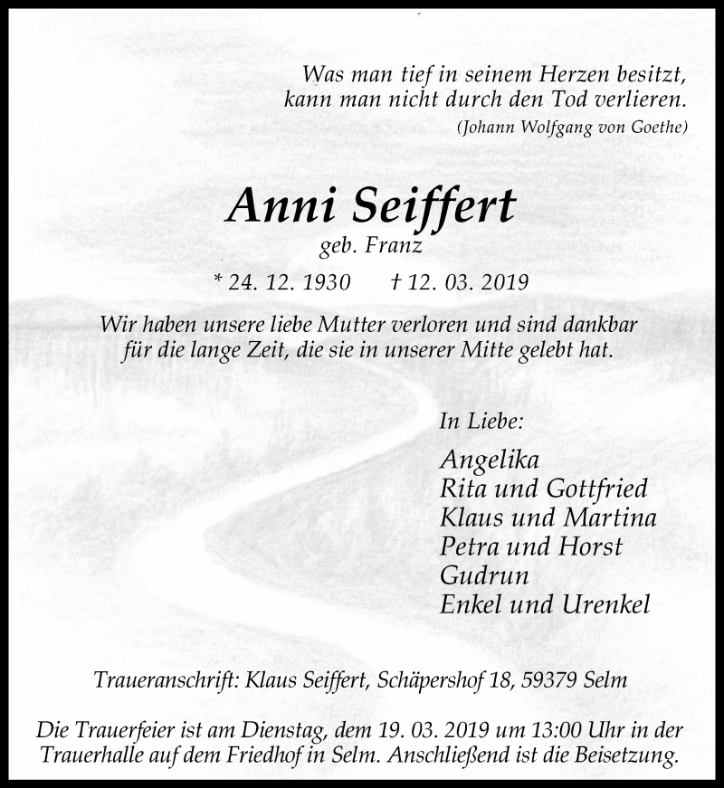  Traueranzeige für Anni Seiffert vom 16.03.2019 aus Ruhr Nachrichten