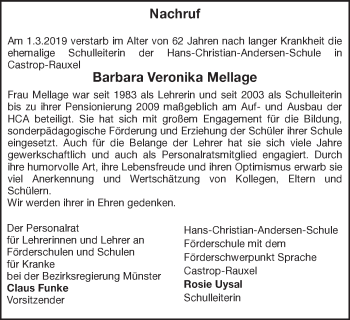 Traueranzeige von Barbara Veronika Mellage von Ruhr Nachrichten