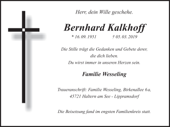 Traueranzeige von Bernhard Kalkhoff von Ruhr Nachrichten und Halterner Zeitung