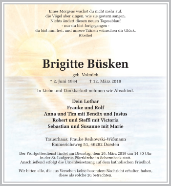 Traueranzeige von Brigitte Büsken von Ruhr Nachrichten und Dorstener Zeitung
