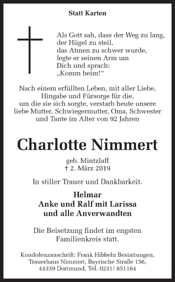 Traueranzeige von Charlotte Nimmert von Ruhr Nachrichten