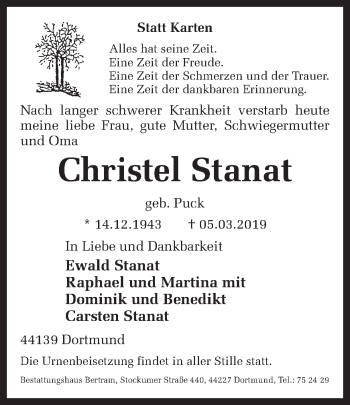 Traueranzeige von Christel Stanat von Ruhr Nachrichten