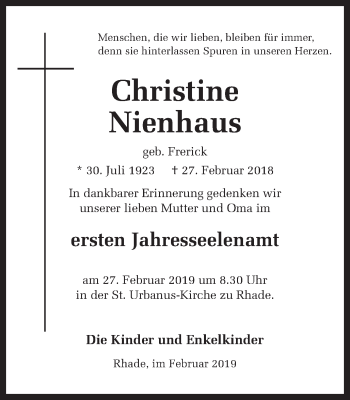 Traueranzeige von Christine Nienhaus von Ruhr Nachrichten und Dorstener Zeitung