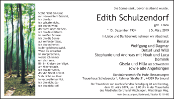 Traueranzeige von Edith Schulzendorf von Ruhr Nachrichten