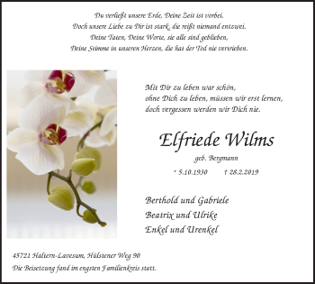 Traueranzeige von Elfriede Witins von Ruhr Nachrichten und Halterner Zeitung