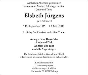 Traueranzeige von Elsbeth Jürgens von Ruhr Nachrichten