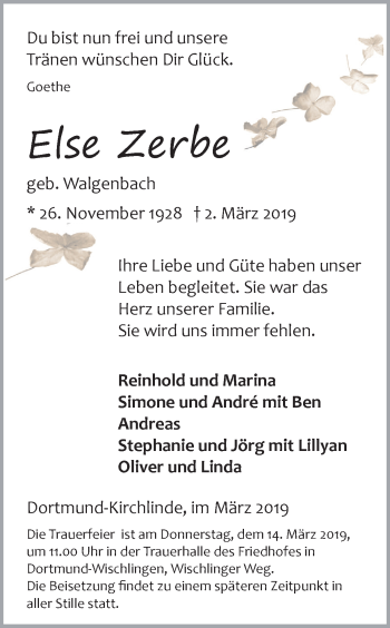 Traueranzeige von Else Zerbe von Ruhr Nachrichten