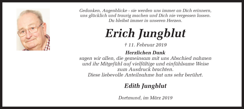  Traueranzeige für Erich Jungblut vom 16.03.2019 aus Ruhr Nachrichten