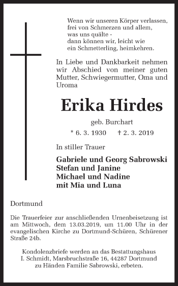 Traueranzeige von Erika Hirdes von Ruhr Nachrichten